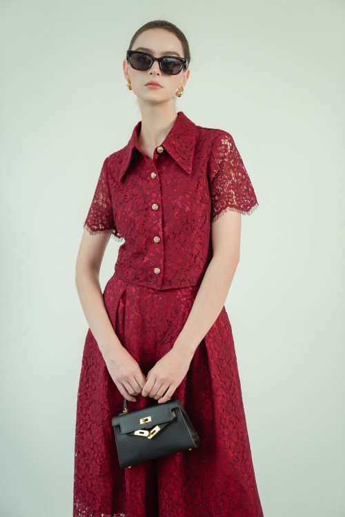 Sixdo Dark Red Short Sleeves Lace Shirt